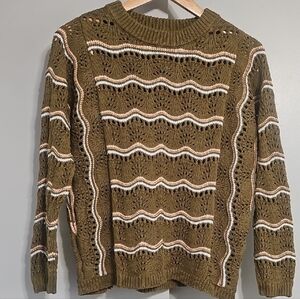 Knit Sweater Green Maurices Olive Green with Peach & White Stripes Size S EUC